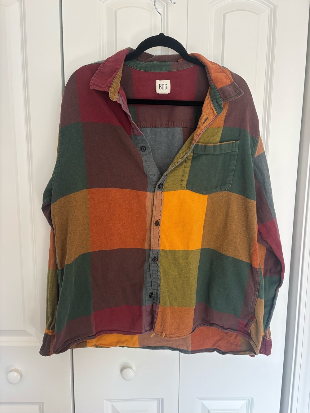 BDG y2k Fall Oversized Plaid Button-Down Shirt in Green, Rust & Mustard